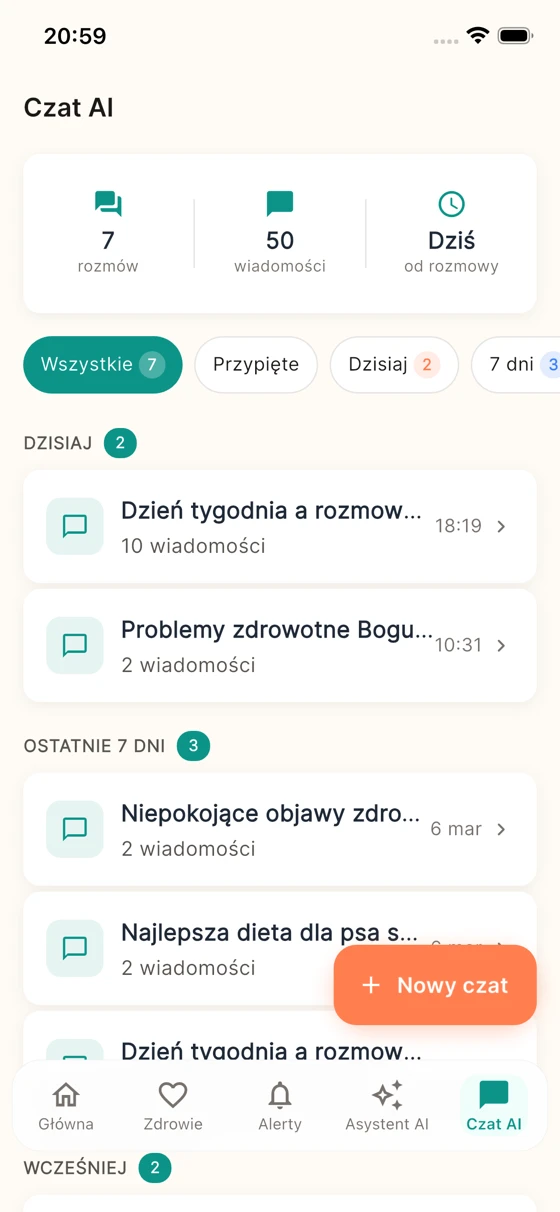 Czat AI - ekran aplikacji Pupsy
