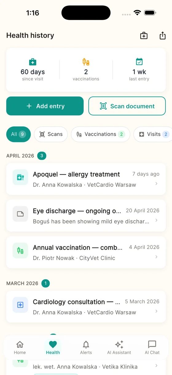 Health history - Pupsy app screen