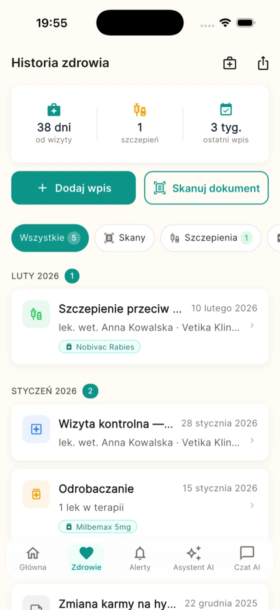 Historia zdrowia - ekran aplikacji Pupsy