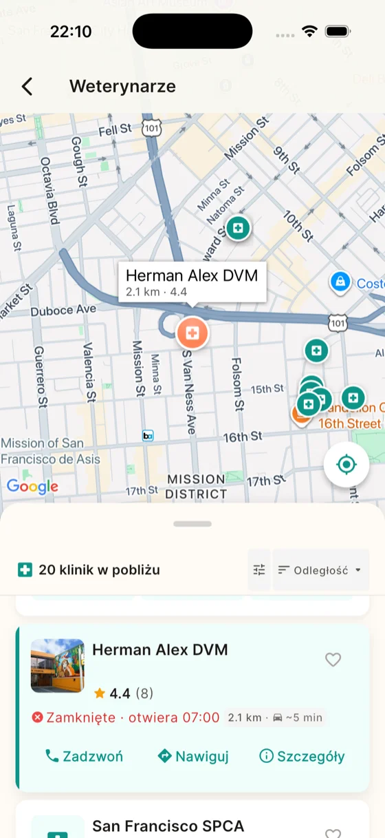 Znajdź weterynarza - ekran aplikacji Pupsy