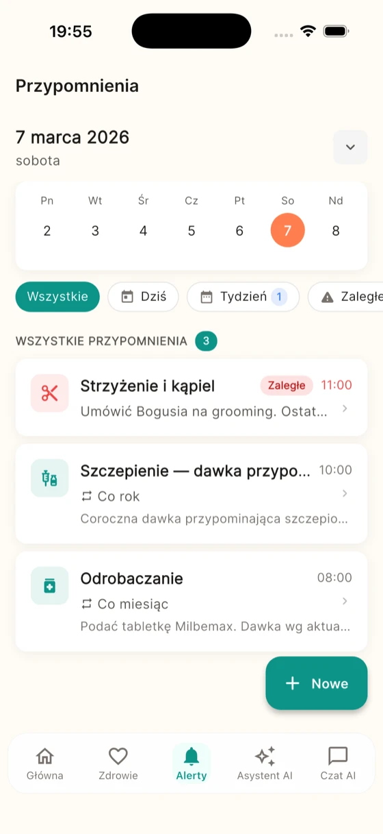Przypomnienia - ekran aplikacji Pupsy