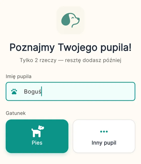Dodaj swojego pupila — ekran aplikacji