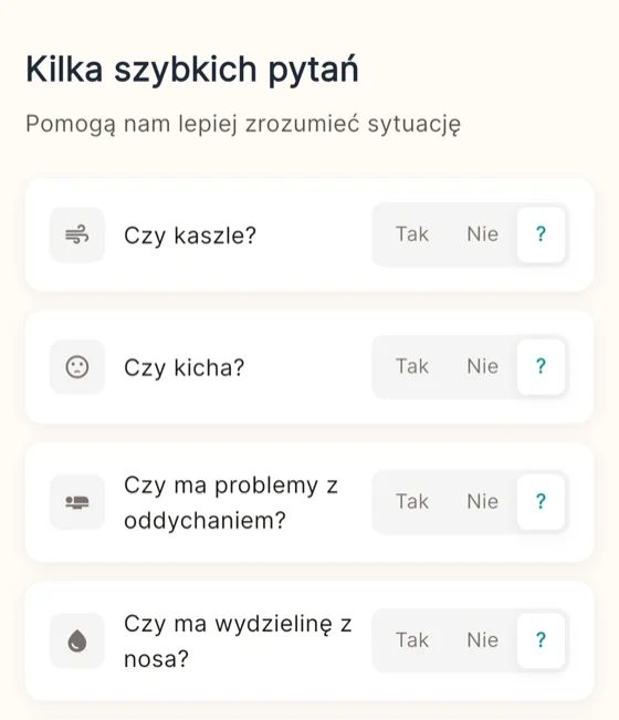 Opisz objawy — ekran aplikacji
